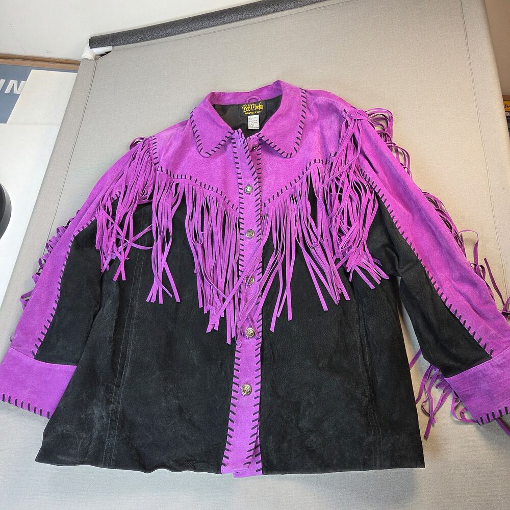 Bob Mackie Wearable Art 2X Leather Fringe Western Jacket Purple Black - Picture 8 of 16